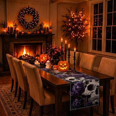 Halloween Table Runner,Retro Runners Vintage Halloween Decorations | Spooky Gothic Skull Day of The Dead Table Cloth,Halloween Decorations for Home Party Decor,Measuring 13x108 inches,Polyester