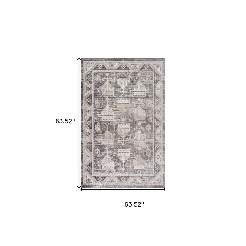 5' Beige and Brown Abstract Distressed Area Rug