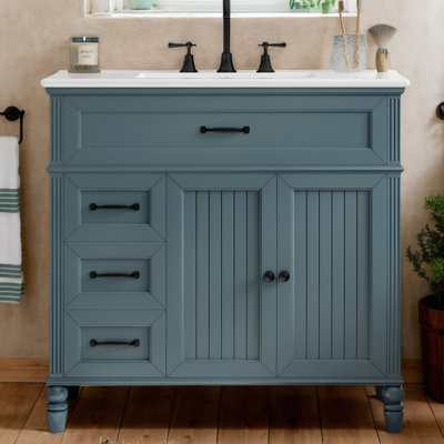 Meuble-lavabo de 36 po avec lavabo, armoire de salle de bain bleue avec tiroirs, cadre solide et panneau de fibres à densité moyenne, un paquet