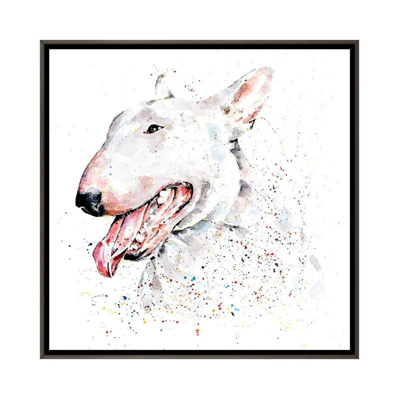 Bull terrier blanc par Edwatercolours-impression, H 18 po x l 18 po x 1,5 po, Toile encadrée de bois rustique foncé