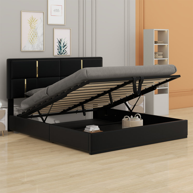 Upholstered Platform Bed With Hydraulic Storage System, Black