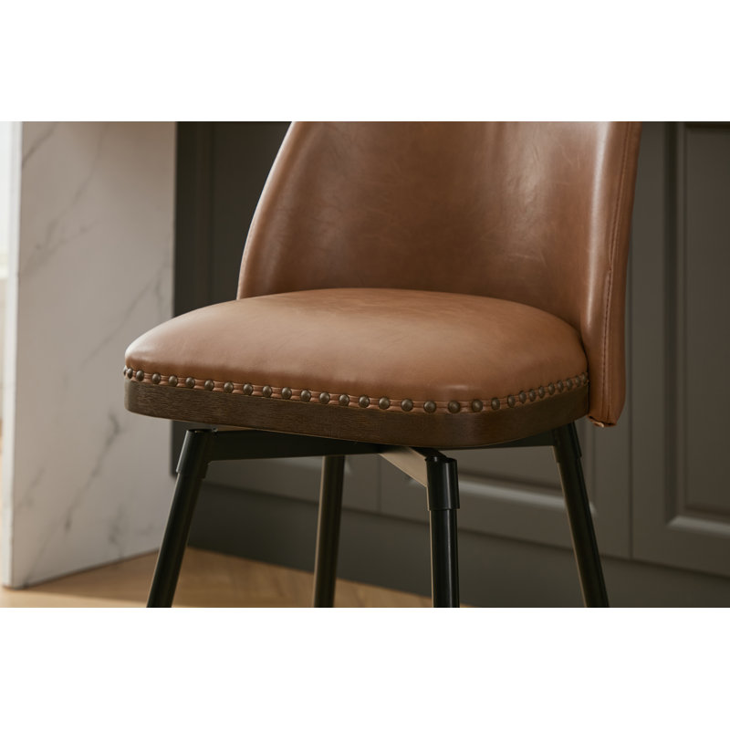Swivel Upholstered 26" Counter Stools With Wood Trim, Brown, 3