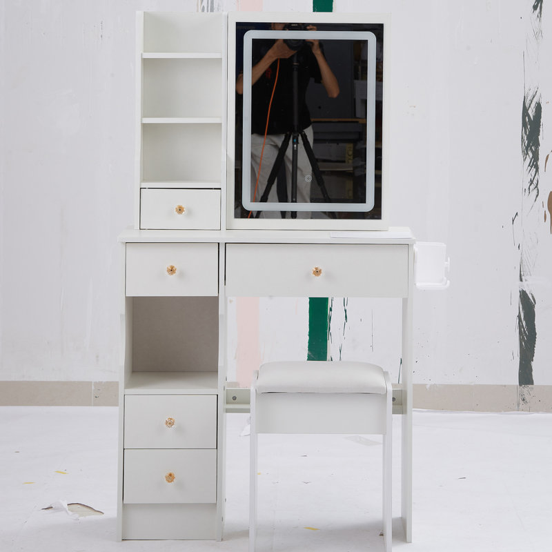 29.2" Small Size Left Drawer Desktop Vanity Table + Cushioned Stool, 2 AC+2 USB Power Station, Hair Dryer Bracket, Extra Large Touch Control Sliding LED Mirror, Tri-Color Switching, Brightness Adjust