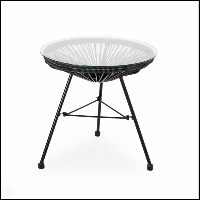 Nusa Rattan Side Table with Tempered Glass Top and Durable Polyethylene Base,  for Outdoor Living Spaces, Gray