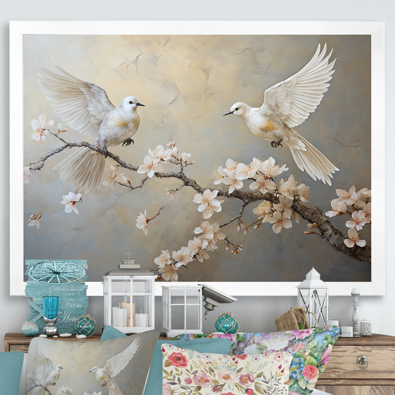 «White and Grey Birds Floral Serenity I», art mural oiseau, Cadre de coin blanc fermé, H 12 po x l 20 po x P 1 po
