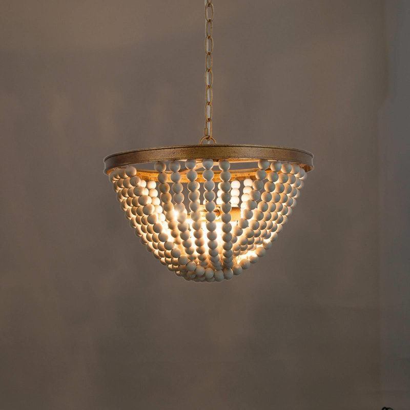 Lustre à 3 lumières avec perles de bois Hatfrneld, Blanc