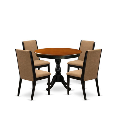 5-Piece Dining Room Set Contains a Round Dining Table and 4 Light Sable Linen Fabric Upholstered Dining Chairs with High Back - Black Finish