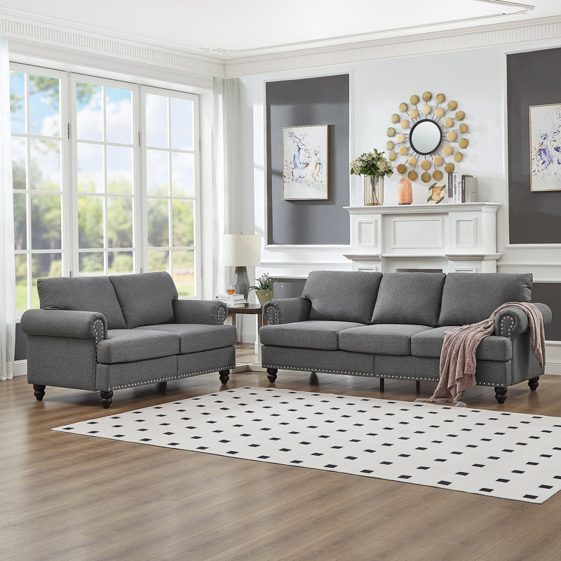 Canapé rembourré de style moderne et classique avec clous pour salon 2 + 3 places, Gris