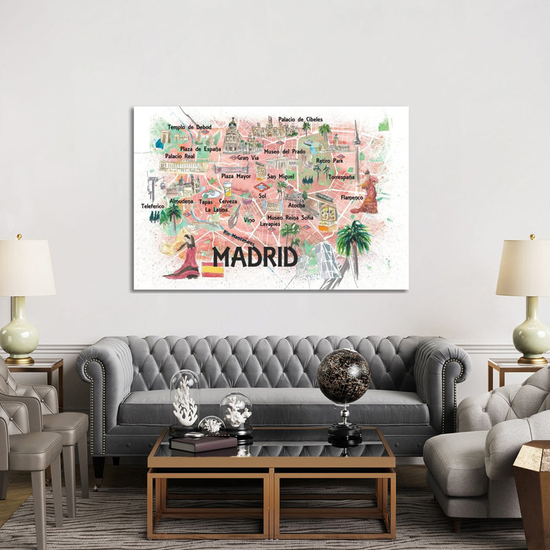 Madrid Spain Illustrated Map With Landmarks And Highlights by Markus & Martina Bleichner - Print on Canvas, Wrapped Canvas