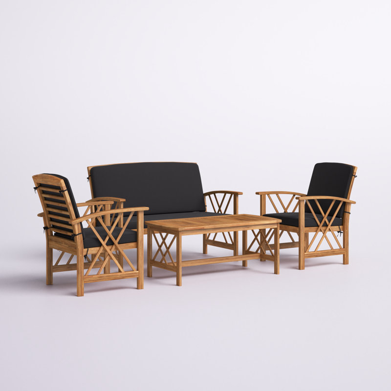 Ensemble de conversation avec canapé 4 pièces Calhoun, Structure naturelle / coussin noir