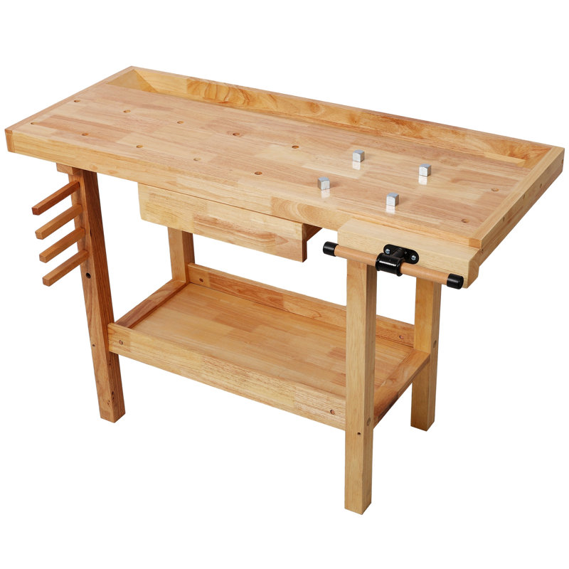 Établi en bois de 48 po, banc de travail du bois robuste avec poignée réglable, table de travail du bois avec capacité de charge de 330 lb avec rangement pour garage, atelier, rangement à la maison