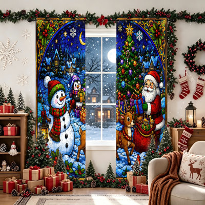 2Pcs Christmas Snowman Santa Claus Window Blackout Curtains, Stained Glass Effect Festive Scene Drapes, Holiday Winter Themed Room Decor Panels for Living Room, Bedroom, Holiday Home Decor