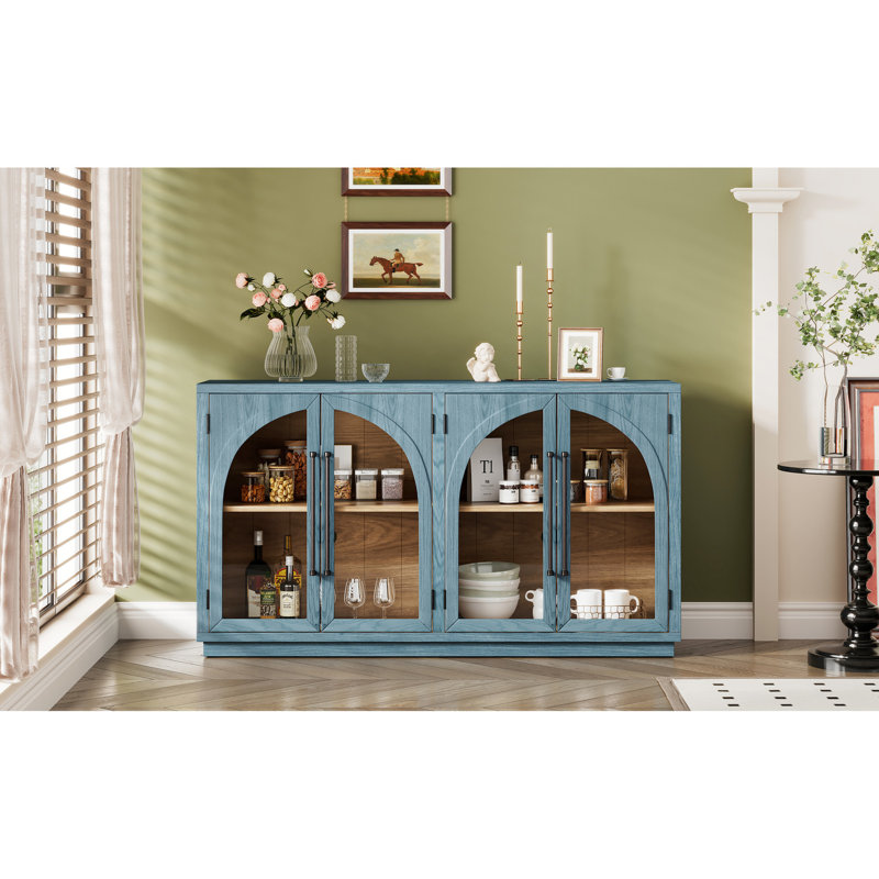 Buffet rétro à 4 portes en bleu marine avec capacité de rangement et poignées fonctionnelles en métal pour la cuisine