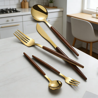 20 Piece Stainless Steel Steak Knife And Fork Set With Wood Grain Handle, Professional Portuguese Style Cutlery For Steakhouse And Fine Dining