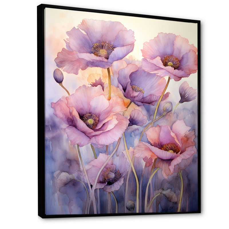 Voile violet - Délicat coquelicots Moment II, Cadre flottant noir, H 40 po x l 30 po