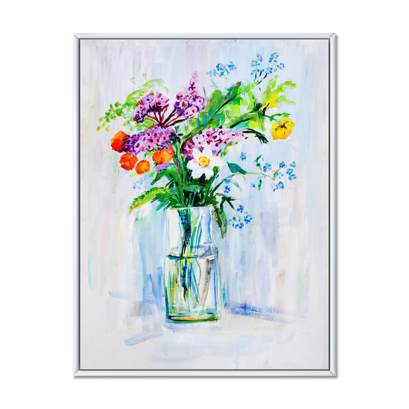 Bouquet de fleurs d'été - peinture, H 20 po x l 12 po, Cadre flottant blanc