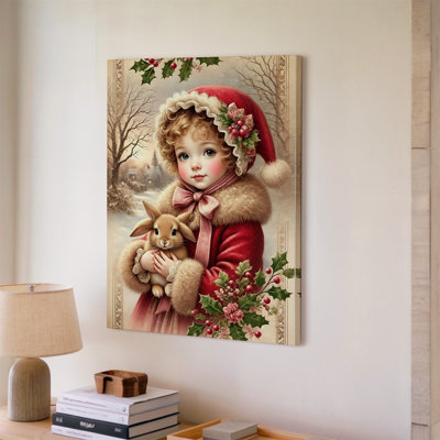Canvas A Charming Winter Scene Featuring A Young Girl With Curly Wall Art Blonde Hair Dressed In A Rich Red Coat Adorned With For Canvas Wall Art