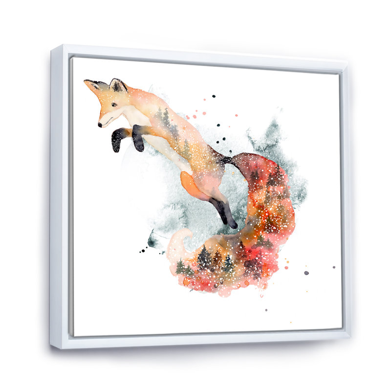 Dessin de renard orange II - peinture sur toile, H 16 po x l 16 po x P 1 po, Cadre flottant blanc