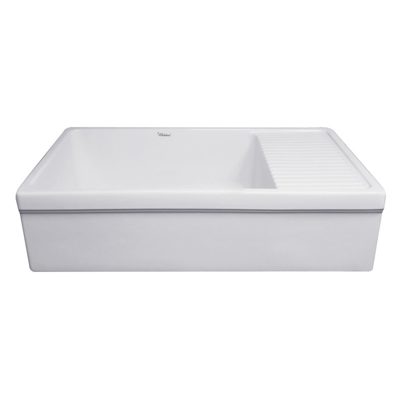 Fireclay Reversible Sink with Integral Drainboard and Decorative 2 ½" Lip on Both Sides, Matte White