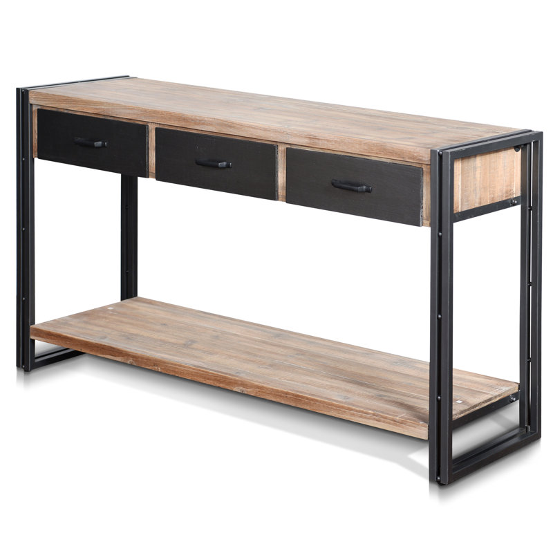 Calvin Transitional Two-Tone Gray and Natural Wood Console Table with Black Iron Frame