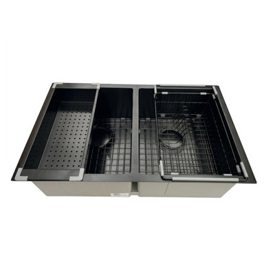 Évier de cuisine noir en nid d'abeille texturé noir 28 po - Double bol - Acier inoxydable 316 avec calibre 16