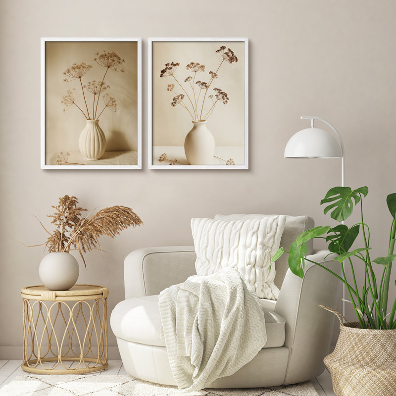 Ensemble de 2 reproductions d'art mural neutre dans un vase de fleurs séchées - photographie botanique minimaliste, Blanc