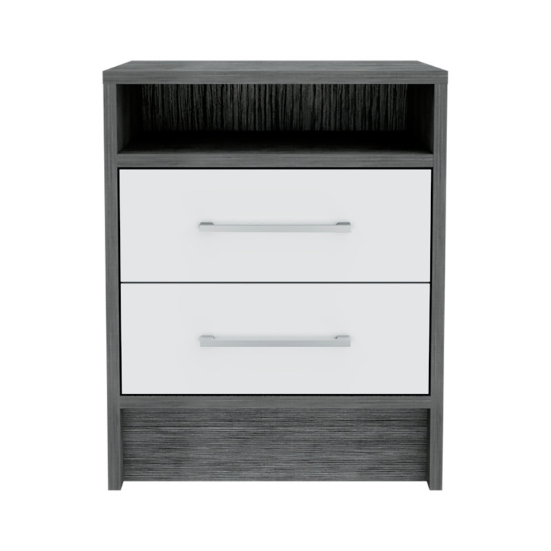 End Table, Side Table Superior Top, Two Drawers -Smokey Oak / White, Smokey Oak