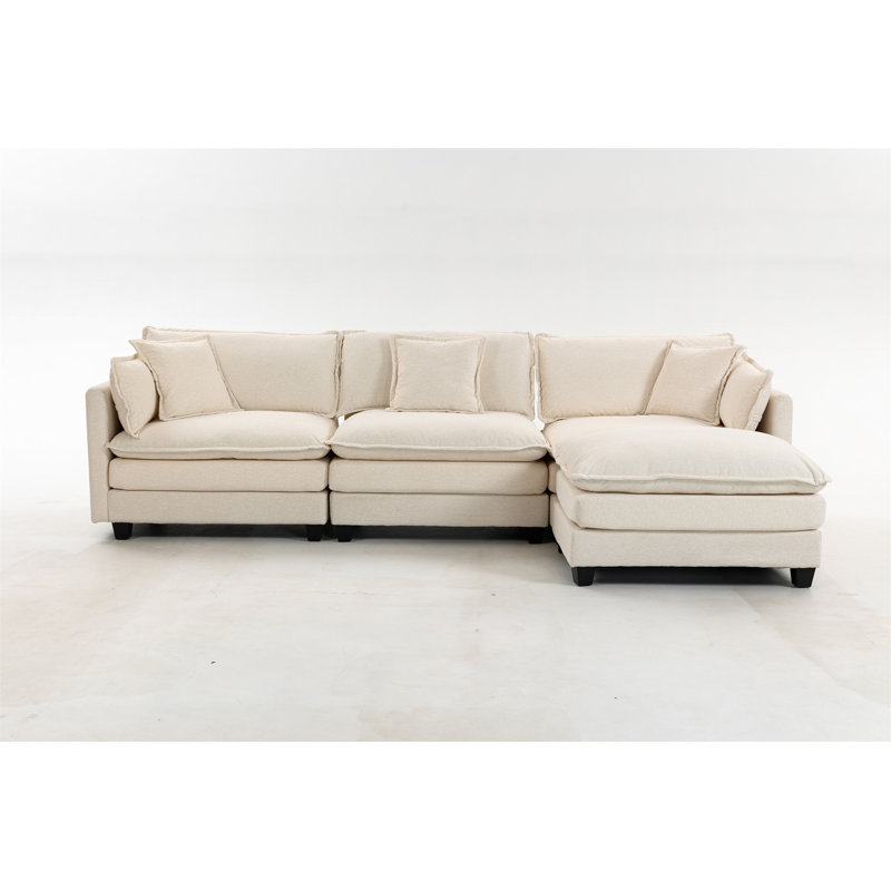 Modern 3Seats With Ottoman 114.17"Sectional Sofa With Waist Pillows, Antique White Chenille