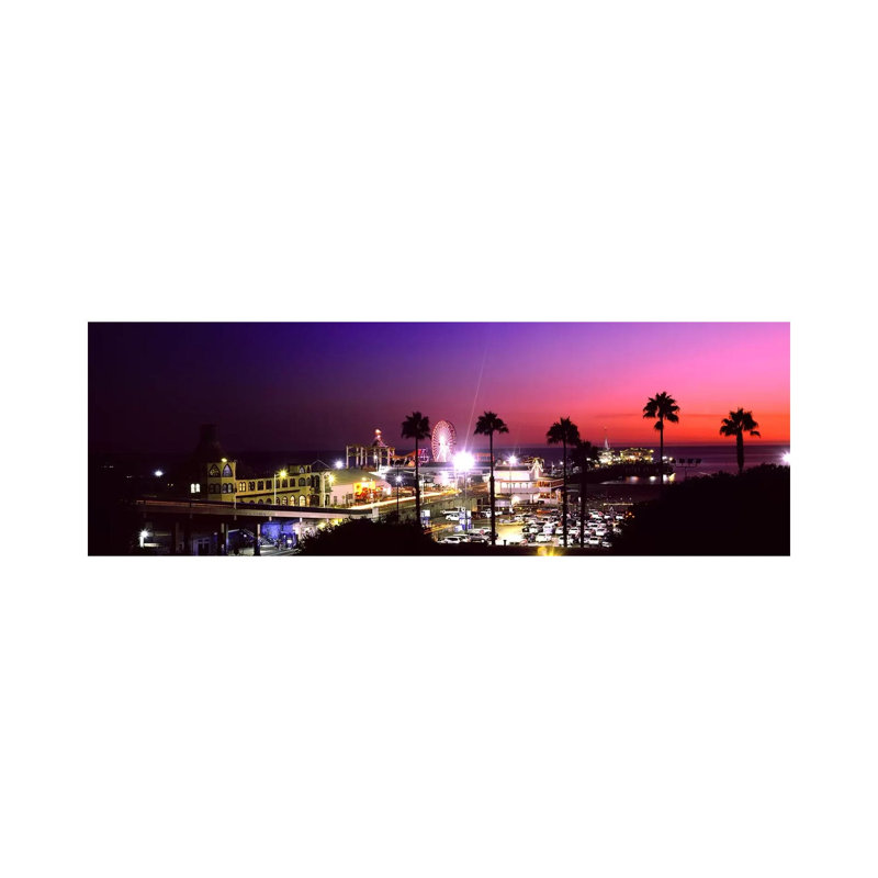 Amusement Park Lit Up At Night, Santa Monica Beach, Santa Monica - Wrapped Canvas Panoramic Print