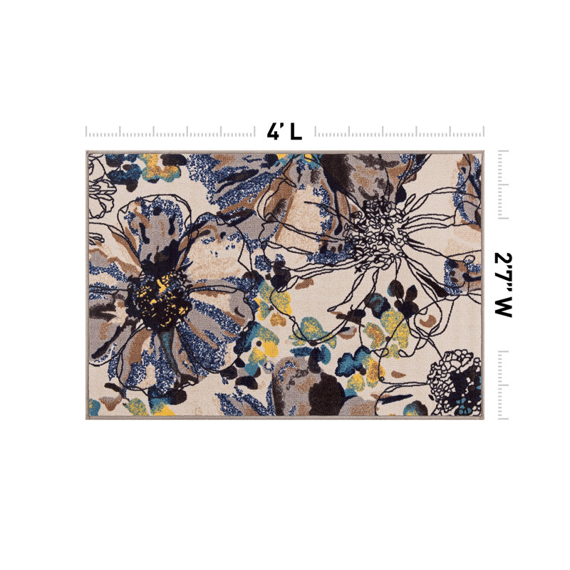 Dichiera Floral Brown/Navy/Cream Non-Slip Rubberback Area Rug, Rectangle 2'7" x 4'