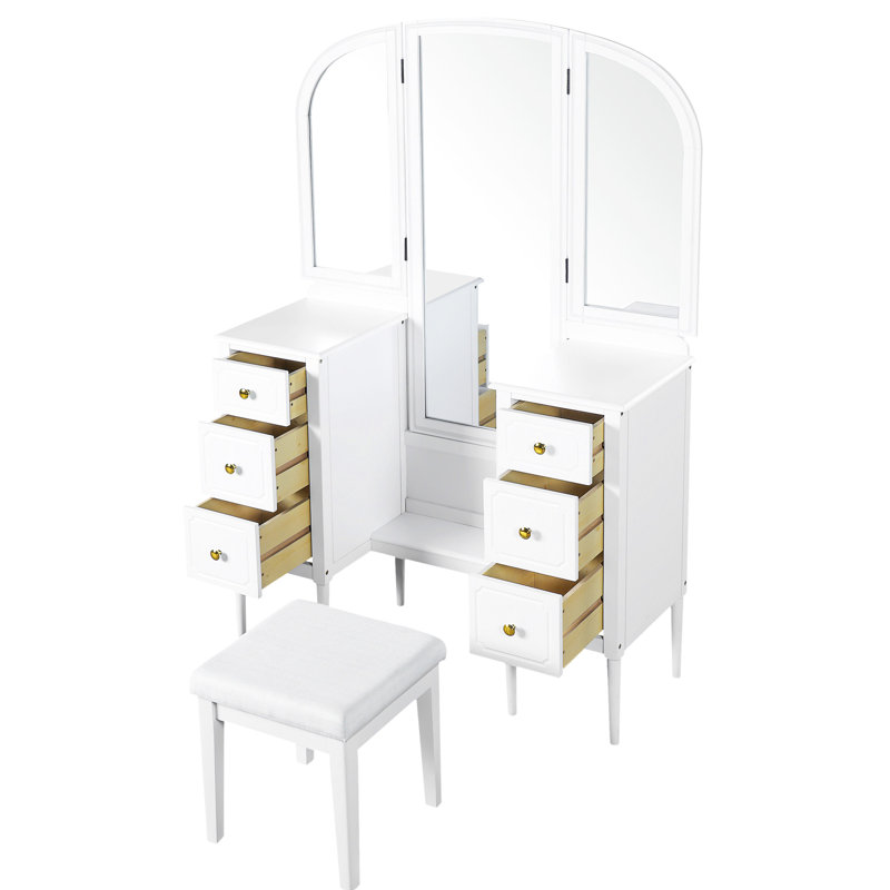 Coiffeuse blanche avec miroir triple, 6 tiroirs, tabouret rembourré et miroir pleine longueur, idéale pour une chambre ou une salle de bain.