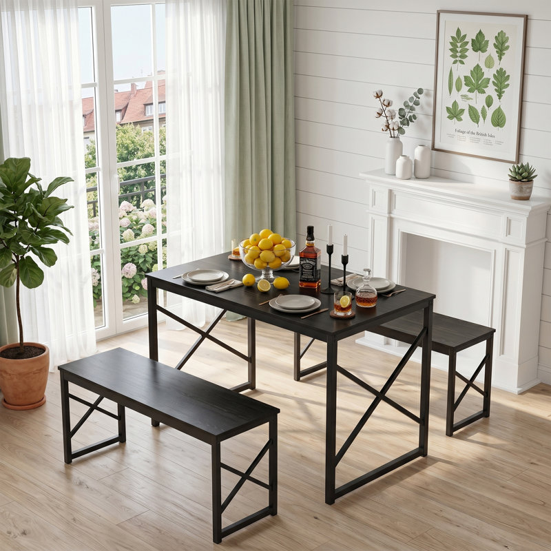 3-Pieces Dining Table Set, Rectangle Dinette With 2 Benches, Metal Frame For Dining Room, Living Room, Black