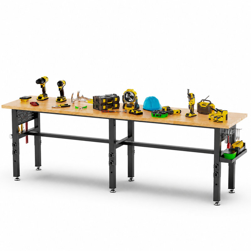 Établi robuste de 96 pouces avec panneau perforé latéral, plateau en bois massif, capacité de 2000 lb, table de travail de garage à hauteur réglable avec prise de courant, boîte de rangement, roues ou pieds de nivellement