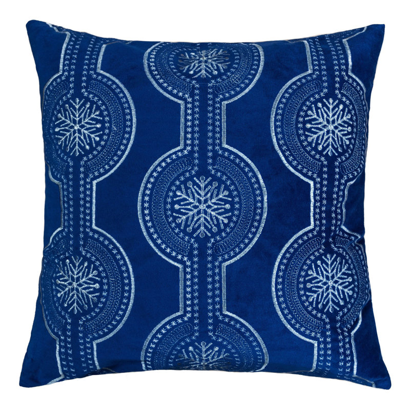 Coussin Holiday en velours bleu avec broderie flocon de neige blanc, Bleu