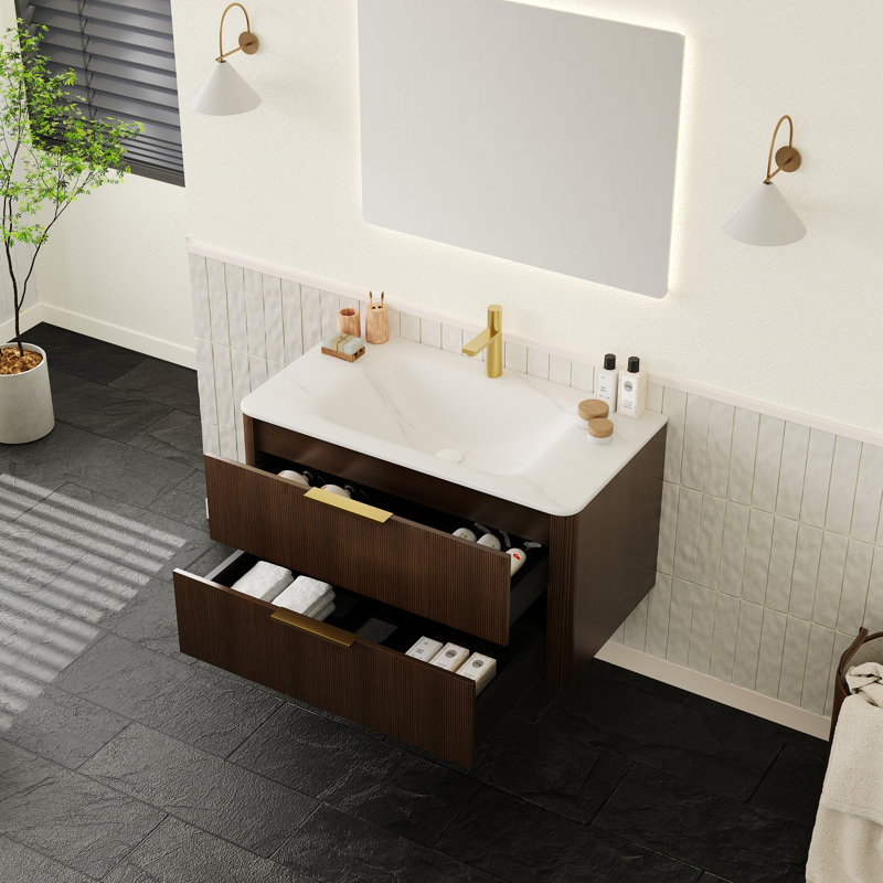 Meuble-lavabo flottant avec tiroirs et meuble-lavabo, H 19,51 po x l 35,85 po x P 19,71 po, Noyer