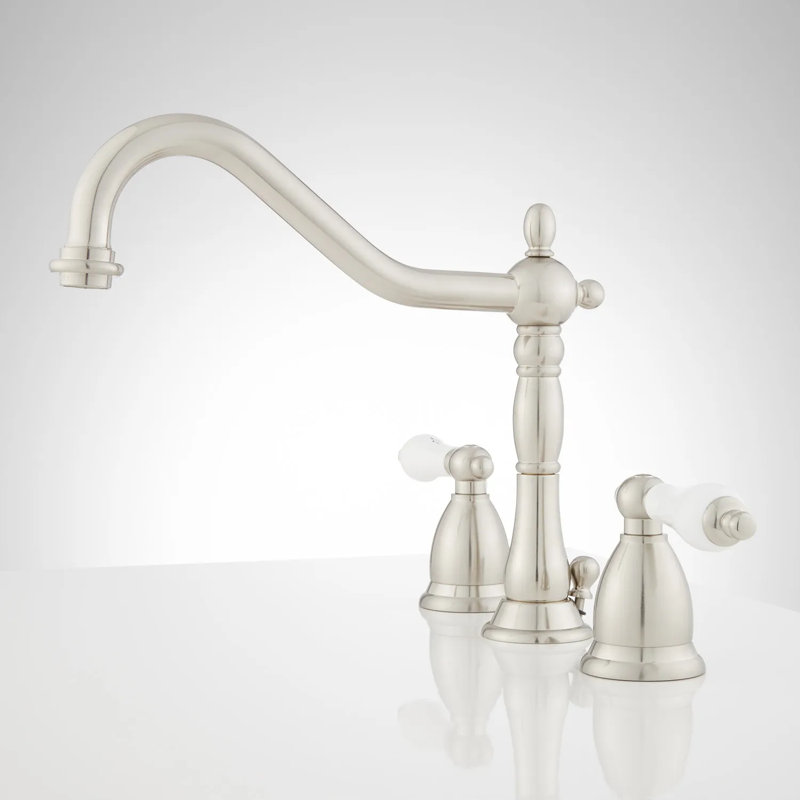 Victorian Widespread Bathroom Faucet with Porcelain Lever Handles, Polished Nickel