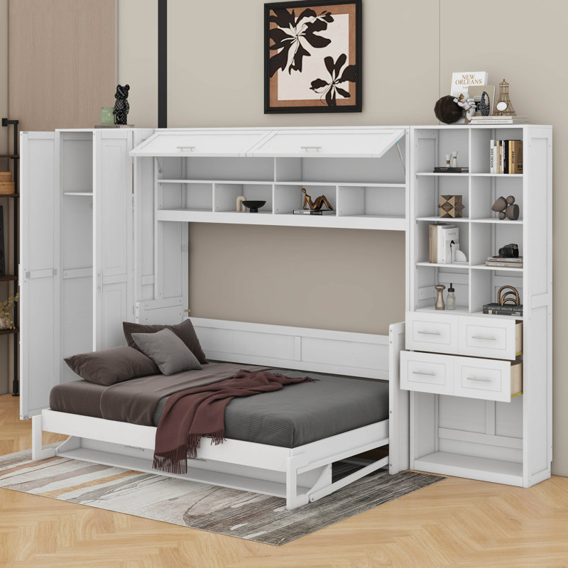 Murphy Bed With Closet, Drawers And Shelves, White, Queen