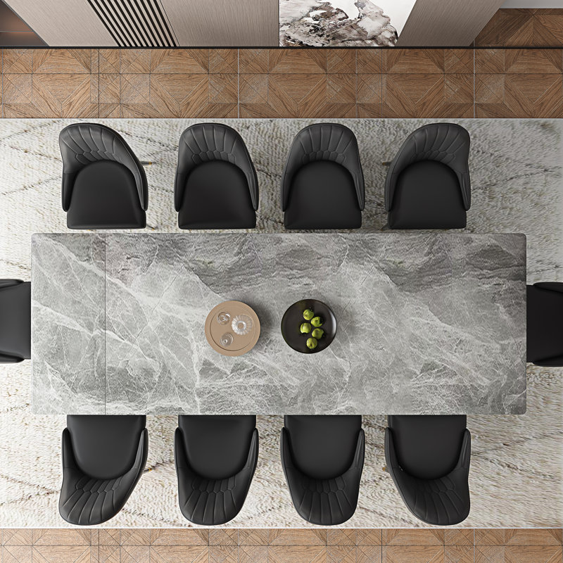 Dining Table Set With 94.5” Extendable Sintered Stone Table And 8 Faux Leather Chairs, Black, Italian Gray
