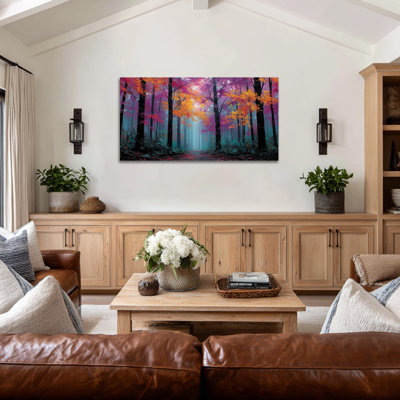 Art mural grand paysage d'automne - Forêt d'automne, décoration murale, peintures rétro d'automne pour le mur, impressions d'art colorées de forêt pour le salon, décoration d'art sur toile tendue, 24 po x 48 po