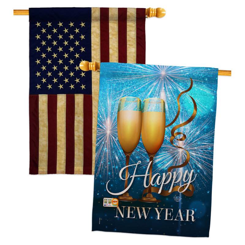 Drapeau de maison du Nouvel An feux d'artifice en polyester 40 x 28 po
