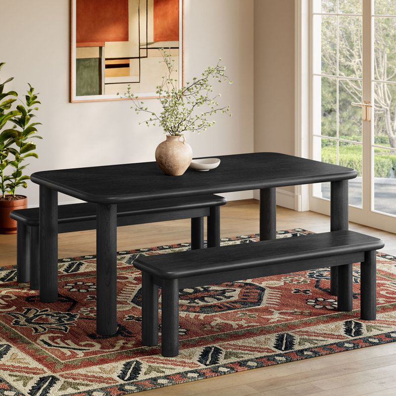 Ensemble de table de salle à manger et de bancs en bois de chêne 3 pièces Alvia