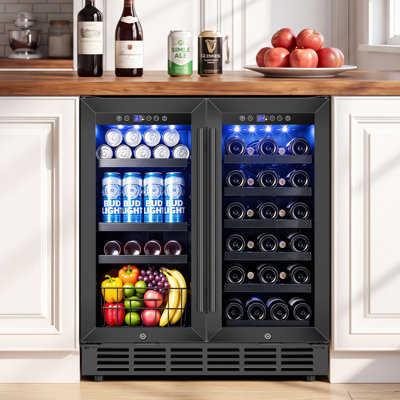 Refroidisseur à vin 30 "noir 33 bouteilles et 130 canettes encastré / autoportant avec panier à deux zones