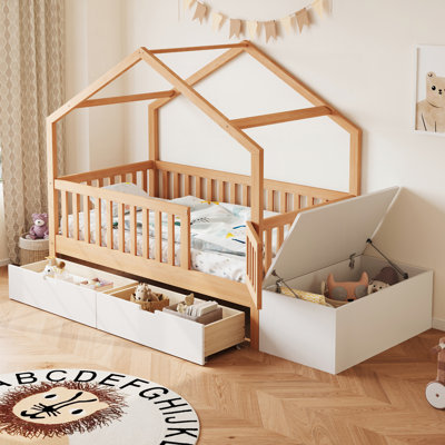 Toddler Bed with Storage Drawers  Lift-Top Chest, Solid Wood Bed with Safety Railings