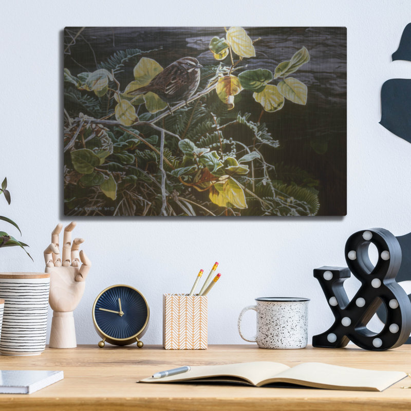 «Song Sparrow On Salal» par Ron Parker, art mural en métal, H 12 po x l 16 po