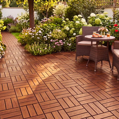 12 In. X 12 In. Outdoor Checker Pattern Square Wood Interlocking Flooring Deck Tiles (Pack Of 30 Tiles)