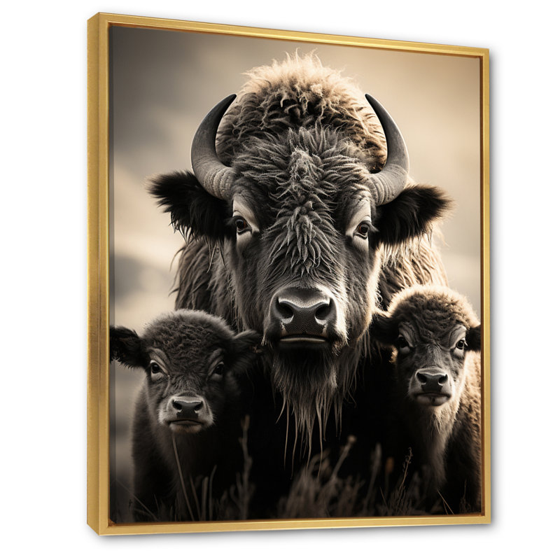 Bison Bison Family Bond - Bison, reproduction d'art encadrée, H 20 po x l 12 po x P 1 po, Cadre flottant doré