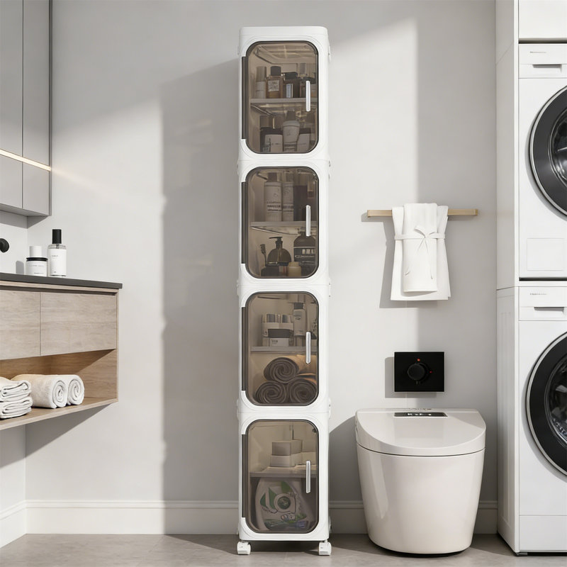 White 4-Tier Slim Foldable Bathroom Storage Cabinet, Movable For Small Spaces, White, 50" H x 7.87" W x 12.99" D