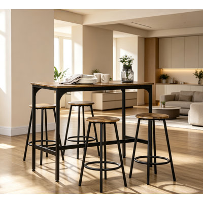 Ensemble de table de bar 5 pièces, hauteur de comptoir, plateau en bois brun rustique, structure en métal noir, 4 tabourets de bar. Ensemble de repas/pub gain d'espace idéal pour une petite cuisine, un appartement ou un coin repas.