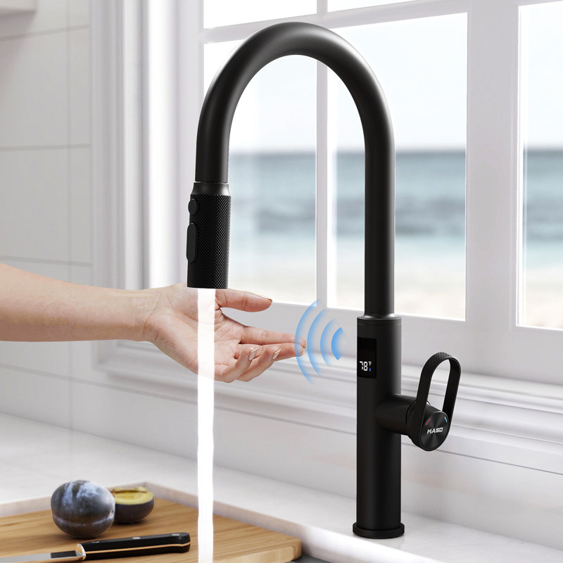 MASO Touchless Kitchen Faucet with Pull-Down Sprayer, Fahrenheit Temperature Display, 3 Spray Modes, 360° Swivel, Commercial Modern Faucet for RV, Farmhouse, Camper, Laundry & Bar,Matte Black