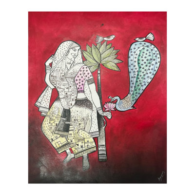 Dame avec un paon | Acrylique sur toile | Par Anupam Upadhyay